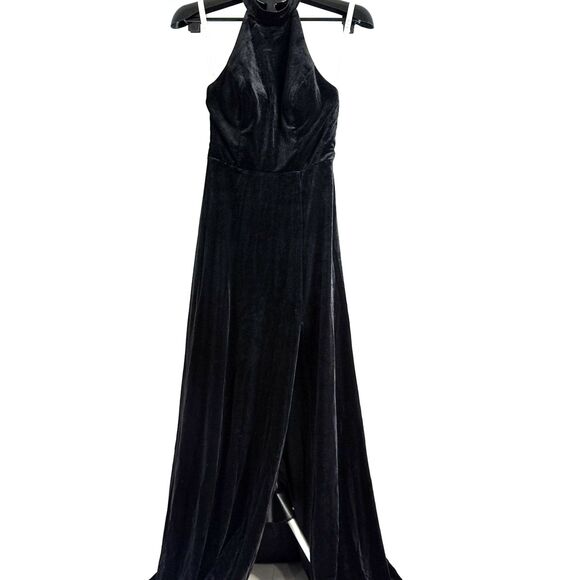 NWT Azazie Larice A4 Black A-Line High Neck Velvet Dress with Pockets - Picture 3 of 10